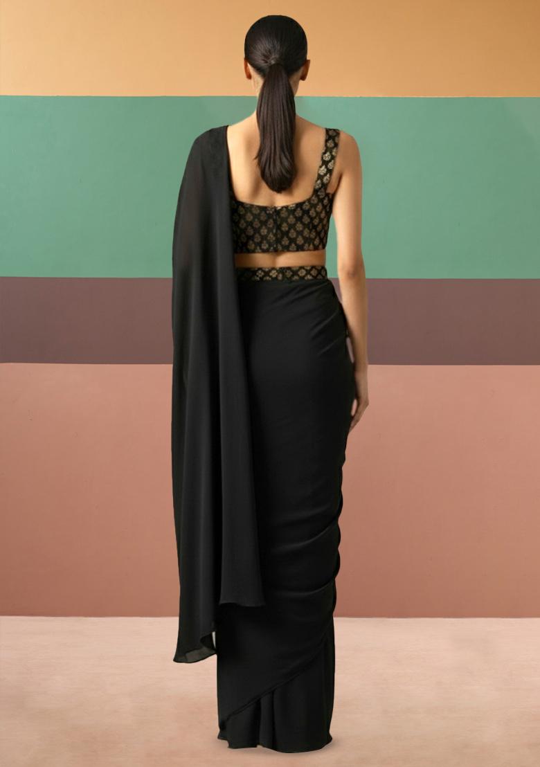 Black Brocade Pre Draped Saree Set - Indya