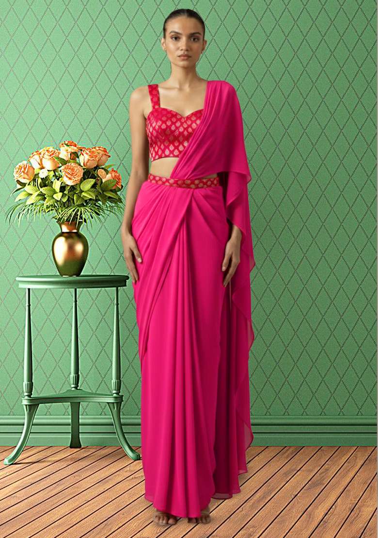 Rani Pink Brocade Pre Draped Saree Set for Diwali and Festive Wear - Indya