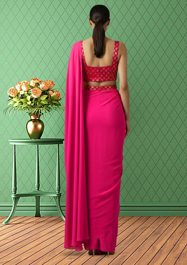Rani Pink Brocade Pre Draped Saree Set - Indya