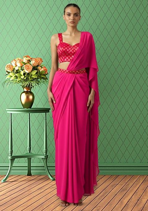 Rani Pink Brocade Pre Draped Saree Set