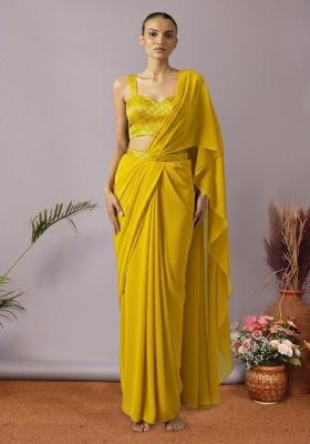 Yellow Brocade Pre Draped Saree Set