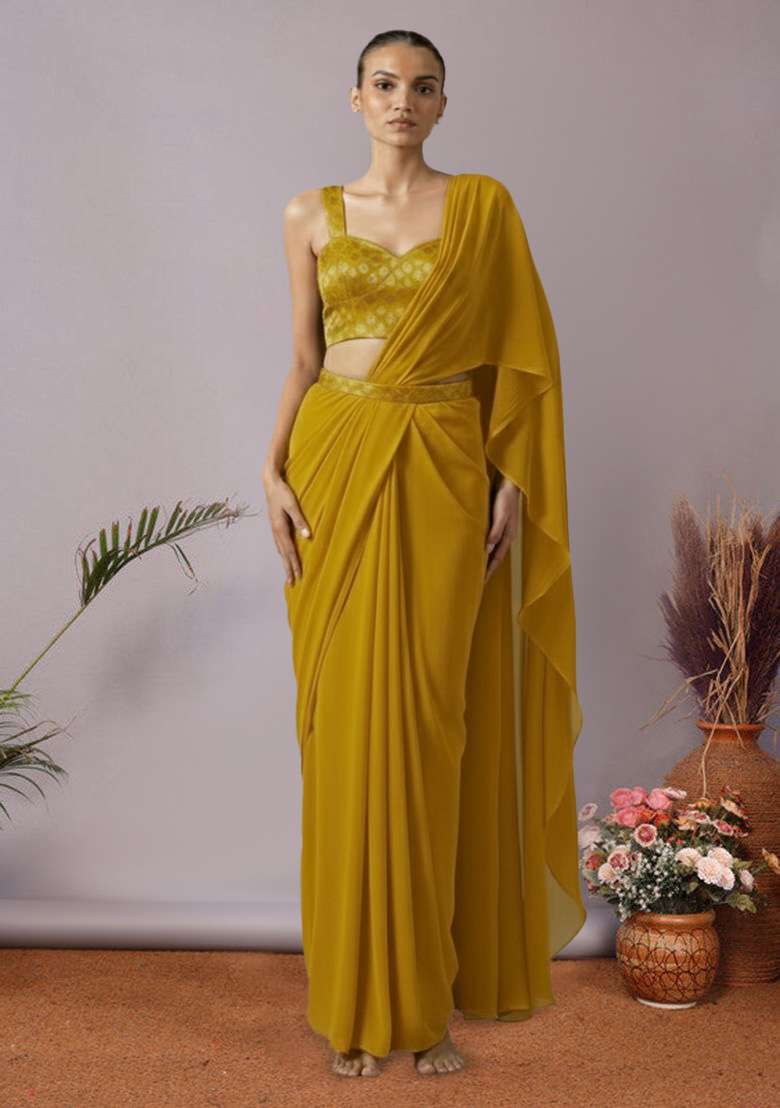 Yellow Brocade Pre Draped Saree Set for Diwali | Wedding & Festive Wear - Indya