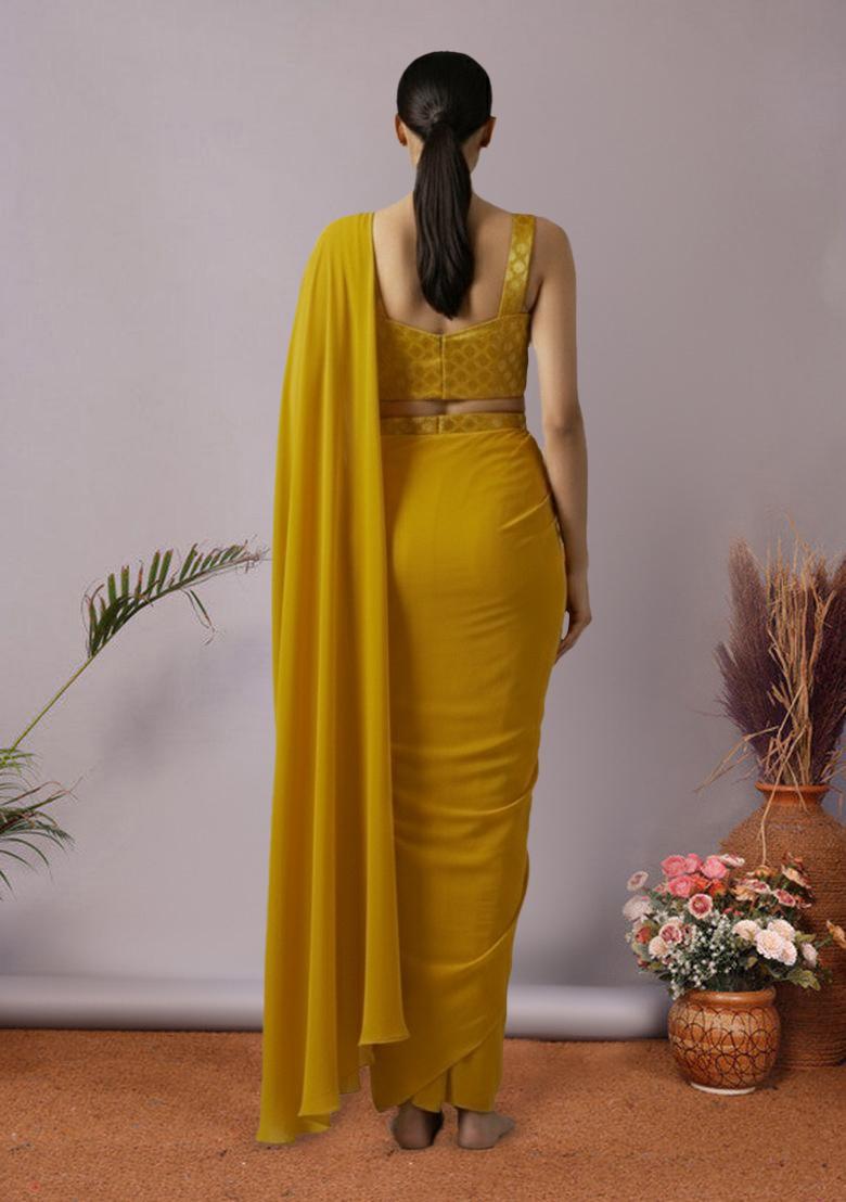 Yellow Brocade Pre Draped Saree Set - Indya