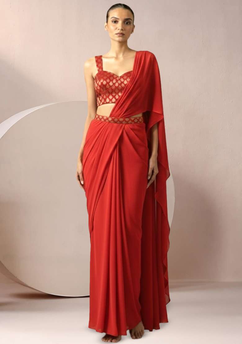 Red Brocade Pre Draped Saree Set for Diwali and Festive Wear - Indya