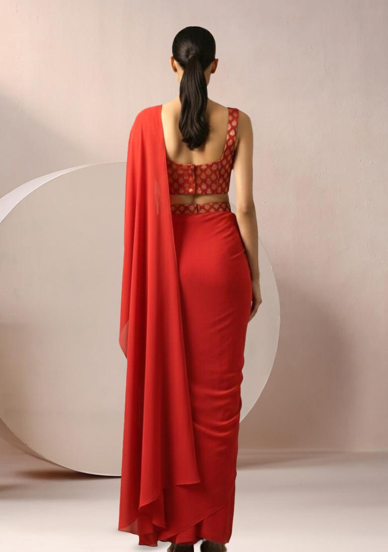 Red Brocade Pre Draped Saree Set - Indya