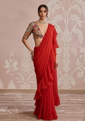 Bright Red Floral Print Crepe Pre Draped Saree Set