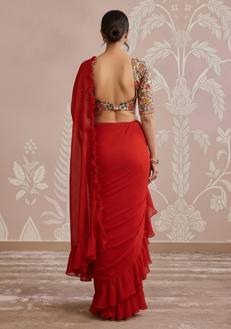 Bright Red Floral Print Crepe Pre Draped Saree Set - Indya