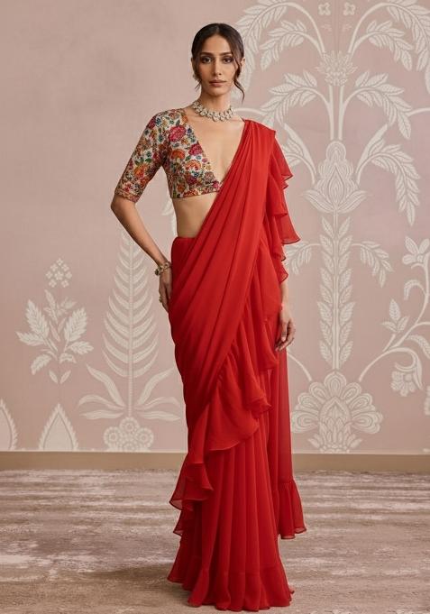 Bright Red Floral Print Crepe Pre Draped Saree Set