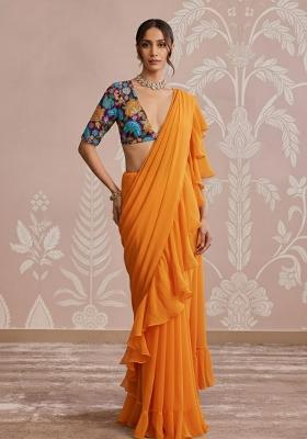 Bright Orange Floral Print Crepe Pre Draped Saree Set