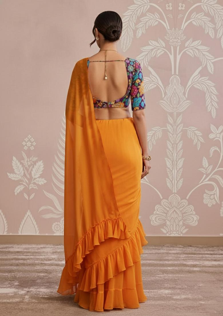 Bright Orange Floral Print Crepe Pre Draped Saree Set - Indya