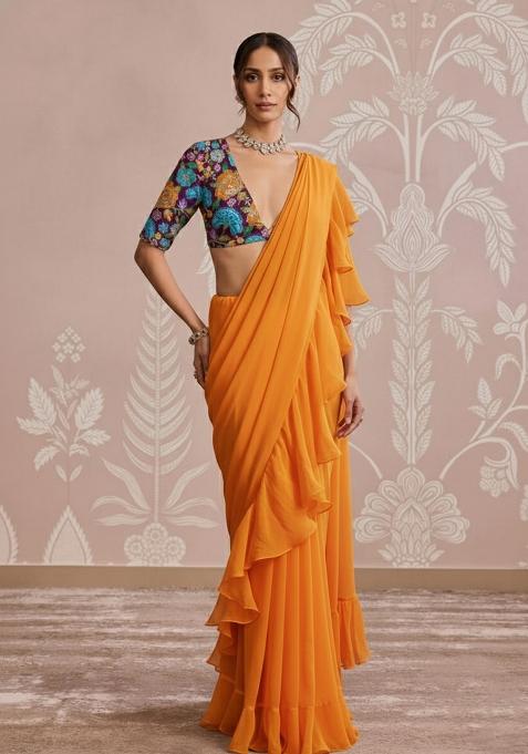 Bright Orange Floral Print Crepe Pre Draped Saree Set