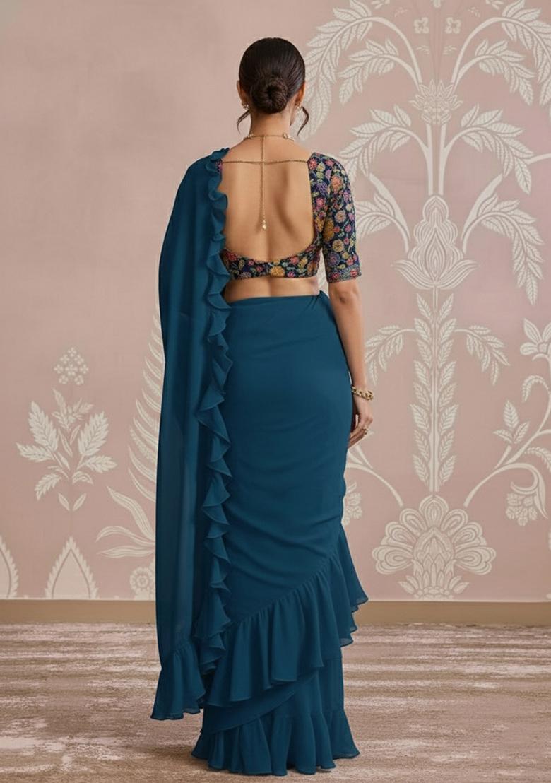Teal Blue Floral Print Crepe Pre Draped Saree Set - Indya