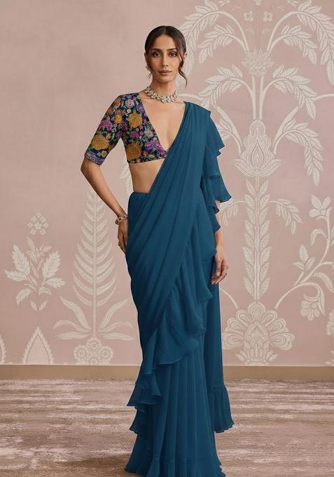 Teal Blue Floral Print Crepe Pre Draped Saree Set