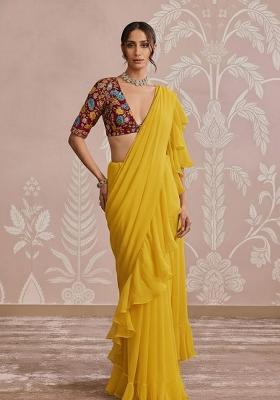 Yellow Embroidered Crepe Pre Draped Saree Set