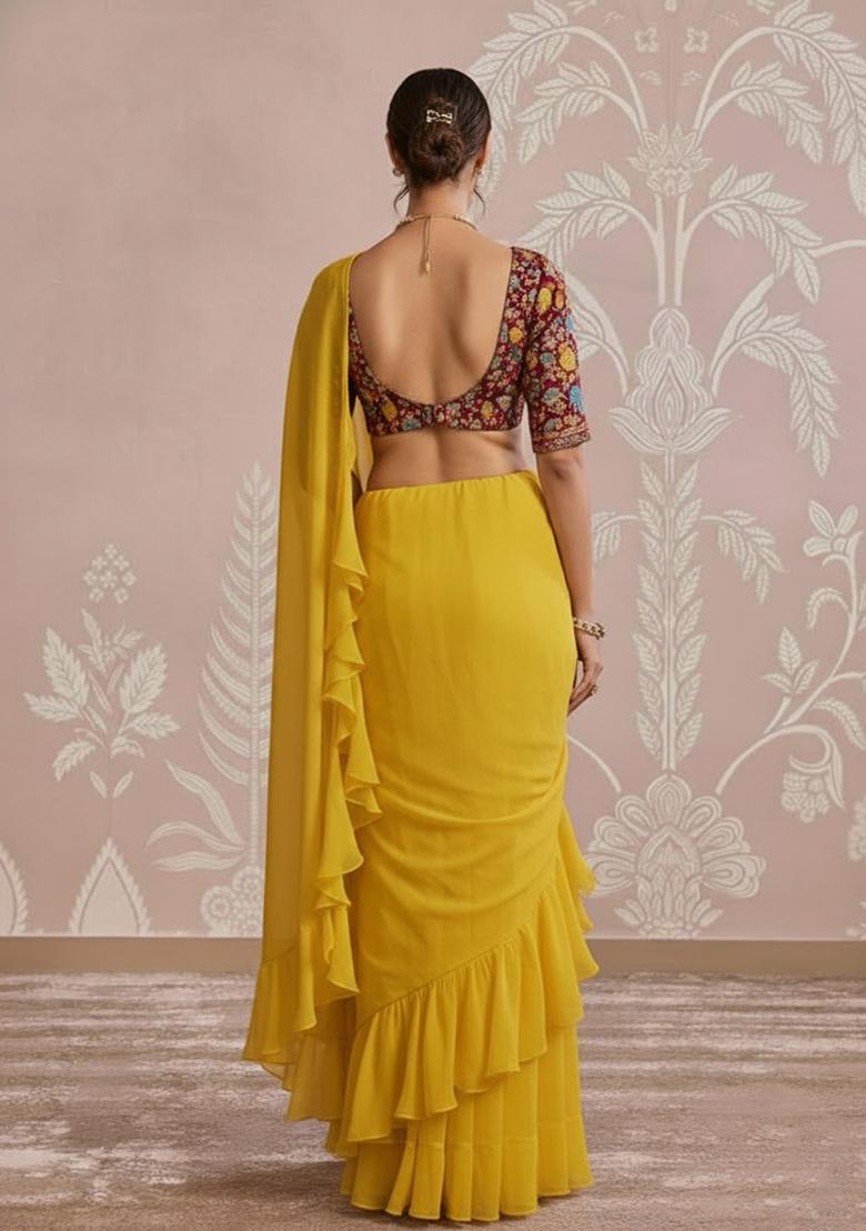 Yellow Embroidered Crepe Pre Draped Saree Set - Indya