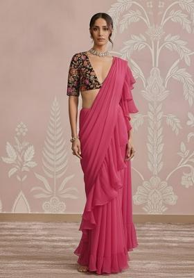 Pink Floral Print Organza Pre Draped Saree Set