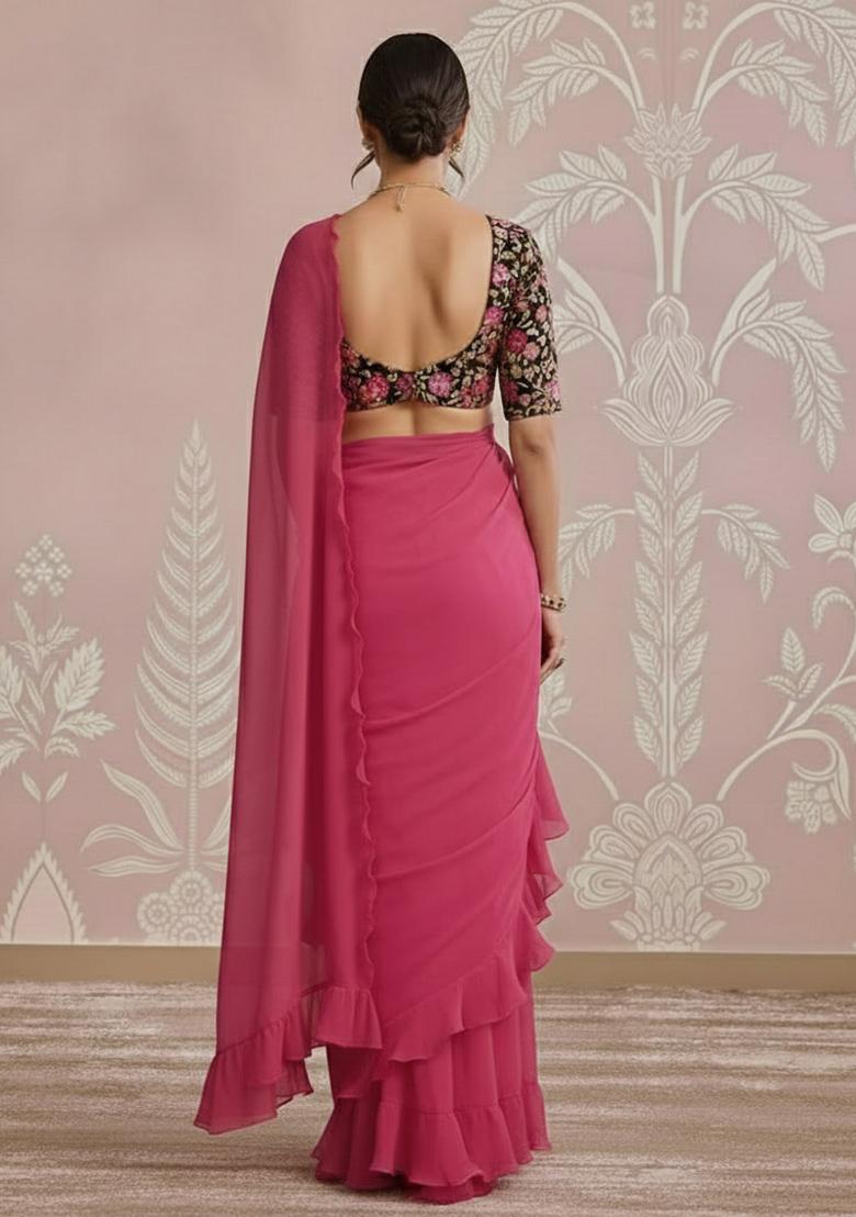 Pink Floral Print Organza Pre Draped Saree Set - Indya
