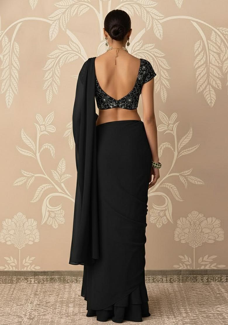 Black Embroidered Net Pre Draped Saree Set - Indya