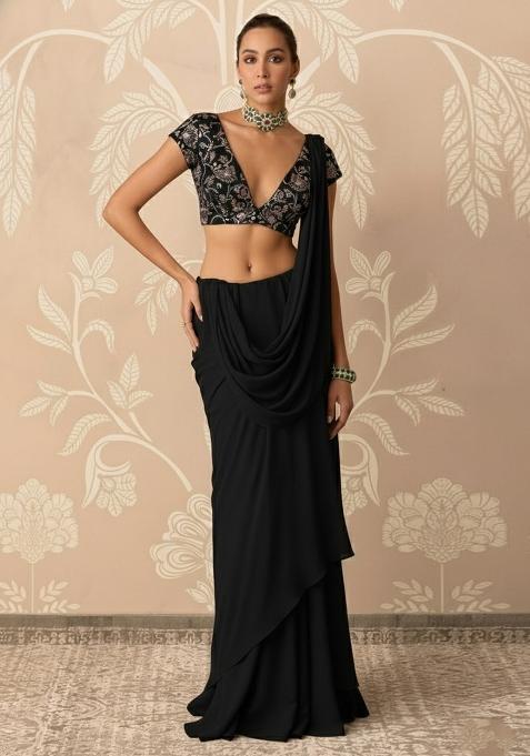 Black Embroidered Net Pre Draped Saree Set