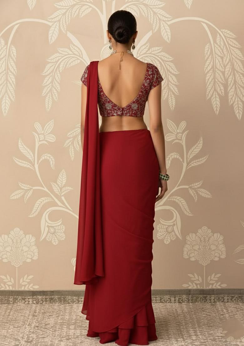Wine Red Embroidered Net Pre Draped Saree Set - Indya
