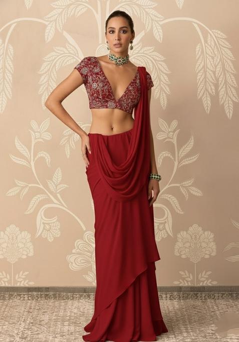Wine Red Embroidered Net Pre Draped Saree Set