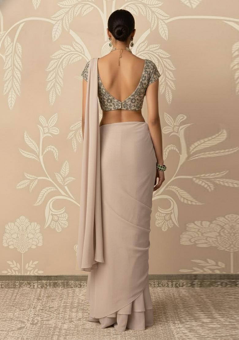 Beige Embroidered Net Pre Draped Saree Set - Indya