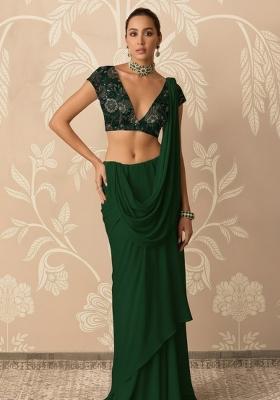 Bottle Green Embroidered Net Pre Draped Saree Set
