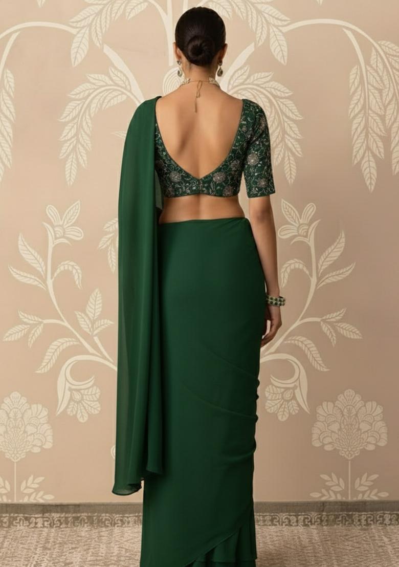 Bottle Green Embroidered Net Pre Draped Saree Set - Indya