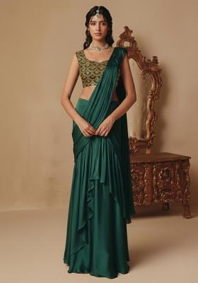 Bottle Green Embellished Crepe Pre Draped Saree Set