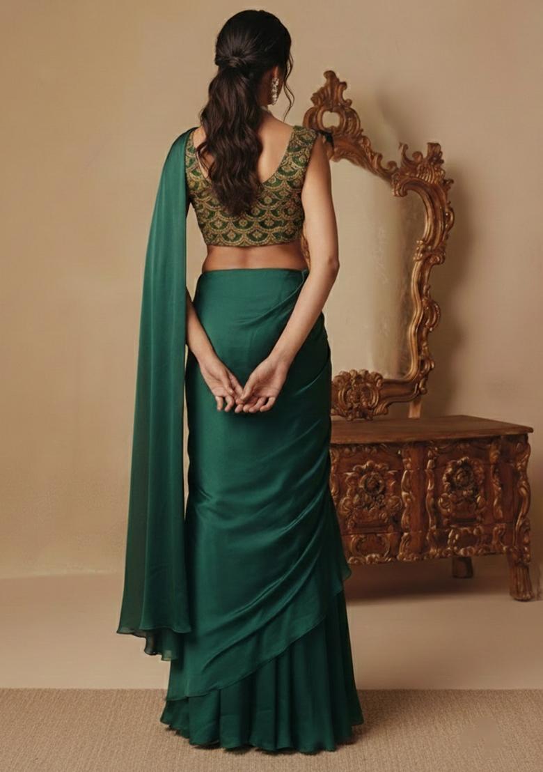 Bottle Green Embellished Crepe Pre Draped Saree Set - Indya