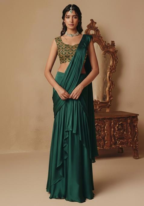 Bottle Green Embellished Crepe Pre Draped Saree Set