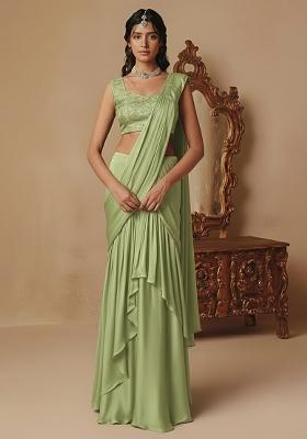Lime Green Embellished Crepe Pre Draped Saree Set