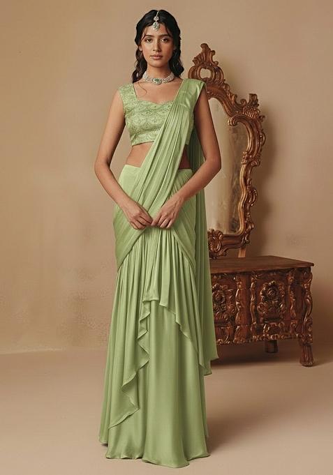 Lime Green Embellished Crepe Pre Draped Saree Set