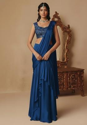 Royal Blue Embellished Crepe Pre Draped Saree Set