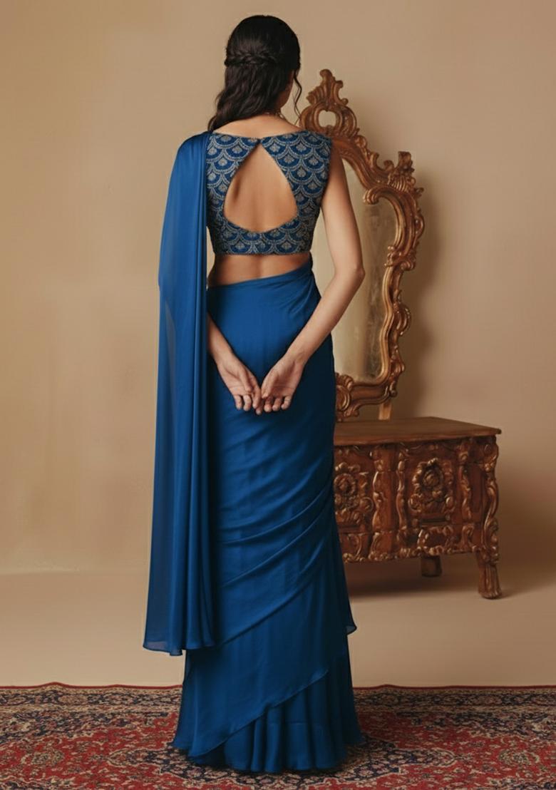 Royal Blue Embellished Crepe Pre Draped Saree Set - Indya