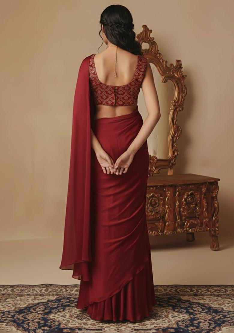 Maroon Embellished Crepe Pre Draped Saree Set - Indya