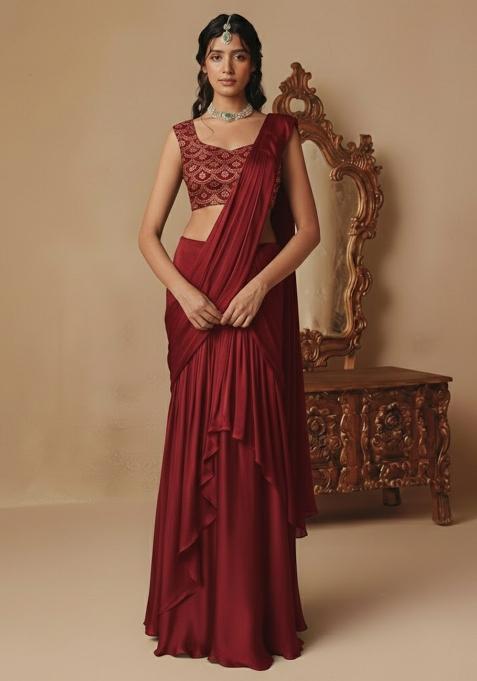 Maroon Embellished Crepe Pre Draped Saree Set