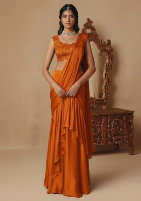 Orange Embellished Crepe Pre Draped Saree Set