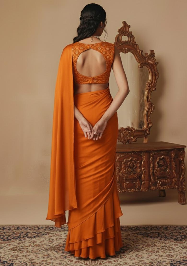 Orange Embellished Crepe Pre Draped Saree Set - Indya