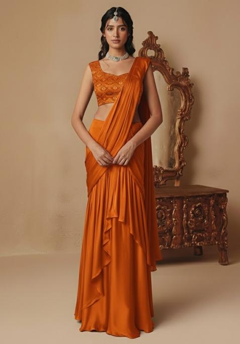 Orange Embellished Crepe Pre Draped Saree Set
