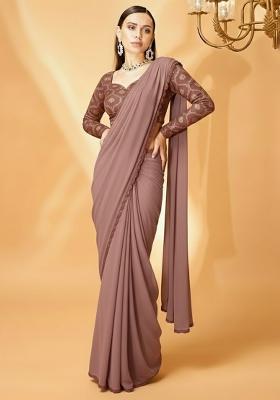 Mauve Embellished Crepe Pre Draped Saree Set