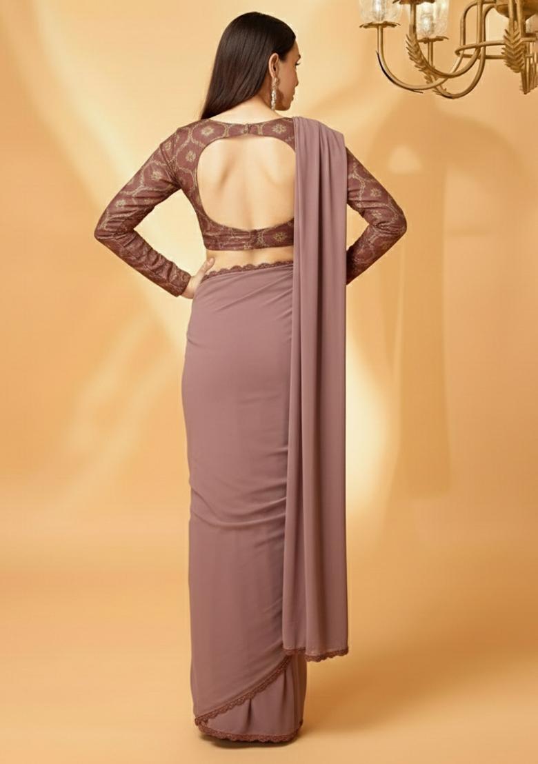 Mauve Embellished Crepe Pre Draped Saree Set - Indya