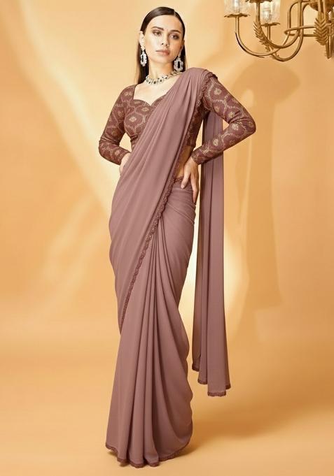 Mauve Embellished Crepe Pre Draped Saree Set