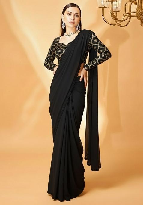 Black Embellished Crepe Pre Draped Saree Set