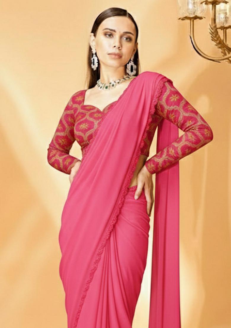 Pink Embellished Crepe Pre Draped Saree Set - Indya