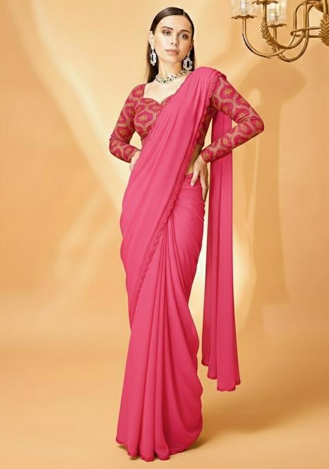 Pink Embellished Crepe Pre Draped Saree Set