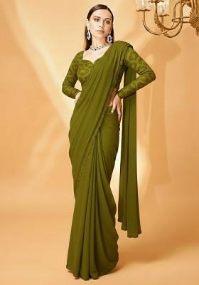 Green Embellished Crepe Pre Draped Saree Set