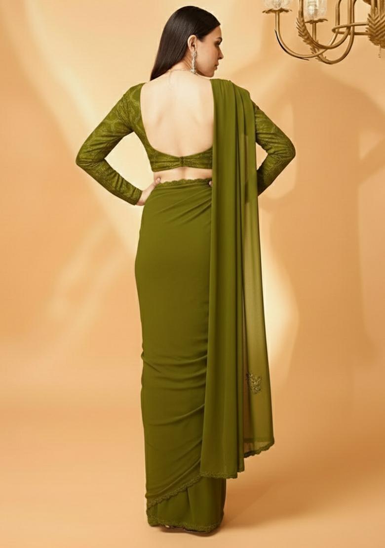 Green Embellished Crepe Pre Draped Saree Set - Indya