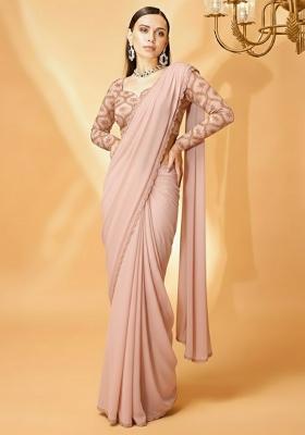 Pink Embellished Crepe Pre Draped Saree Set
