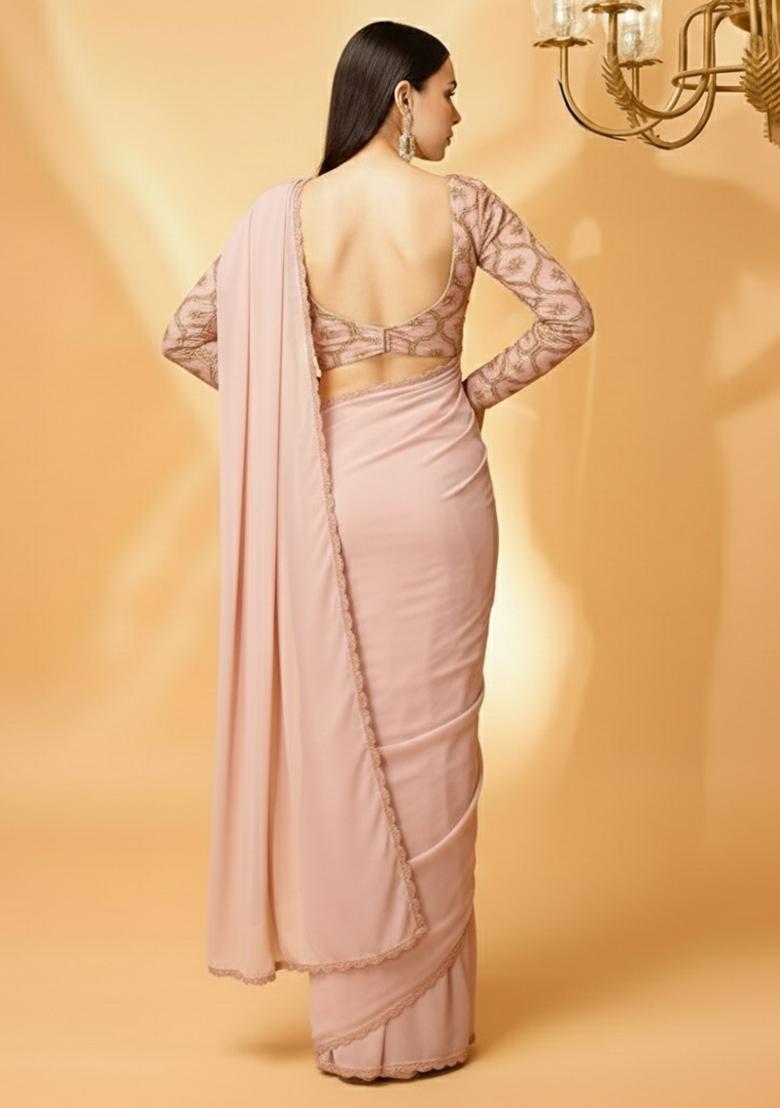 Pink Embellished Crepe Pre Draped Saree Set - Indya